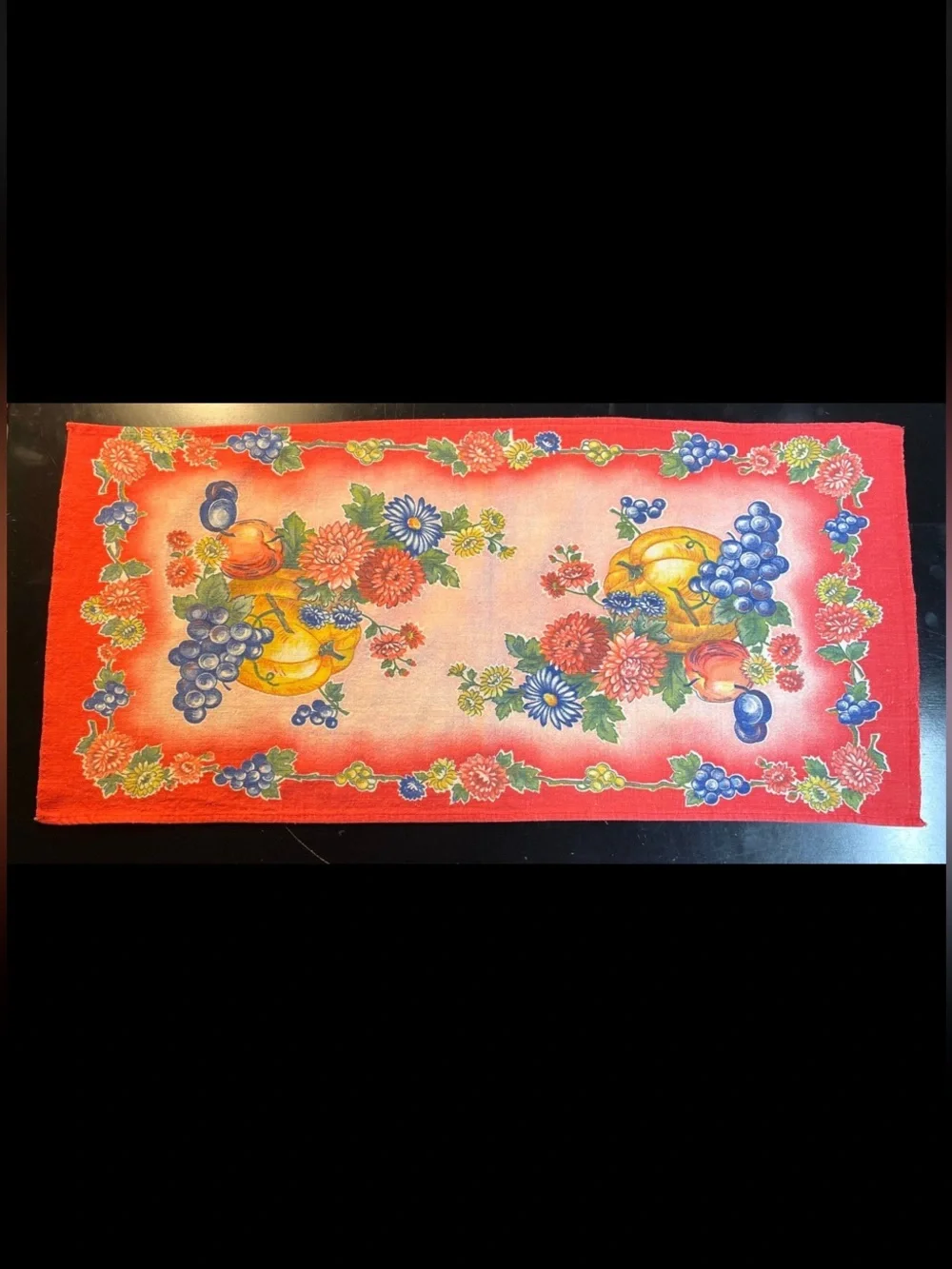 Vintage Tea Towel Hand Towel Table Scarf Pumpkin Flowers Fruit 13x28